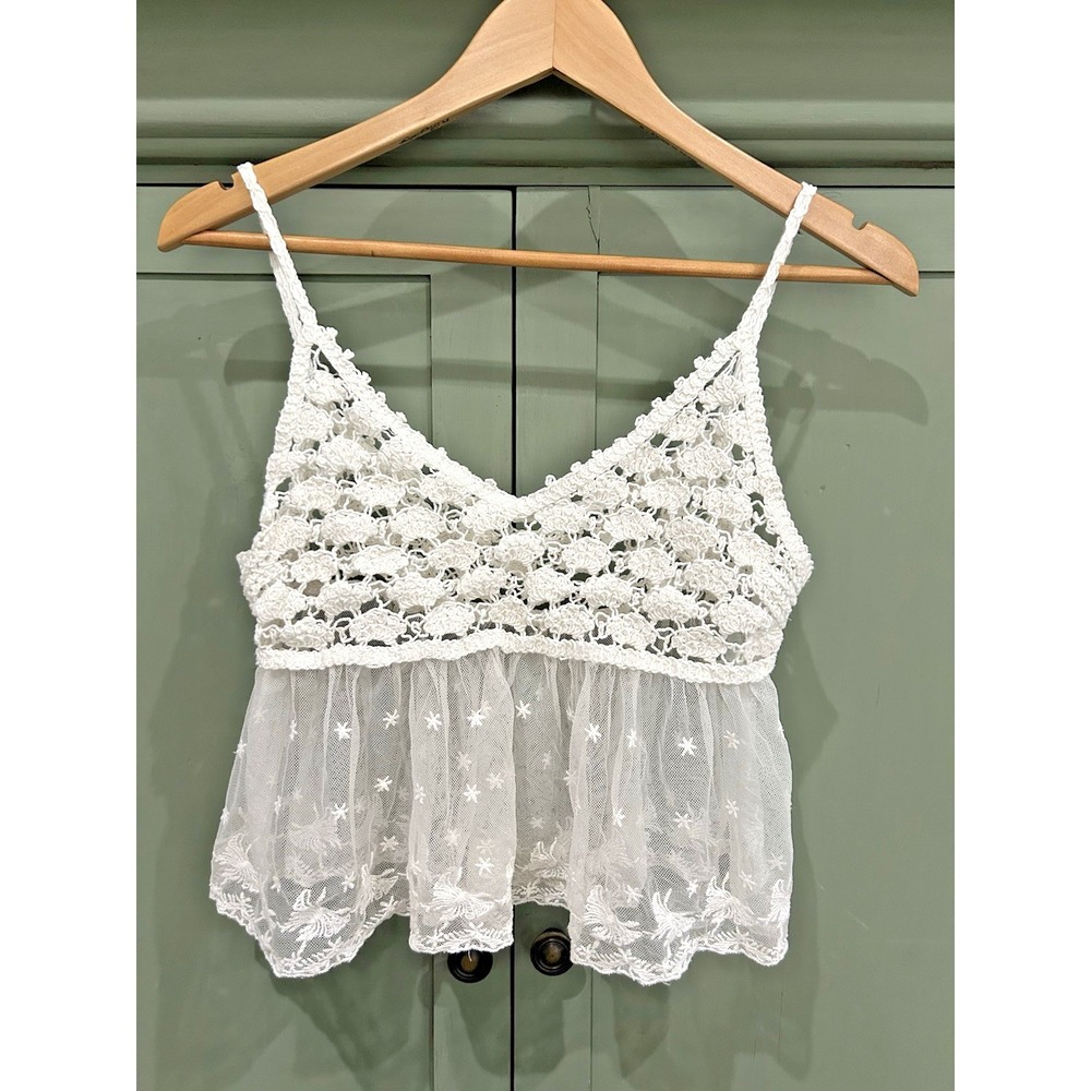 Love Tree Ivory Open Knit Crochet Sheer Overlay Top Size S Boho Fairy Coachella